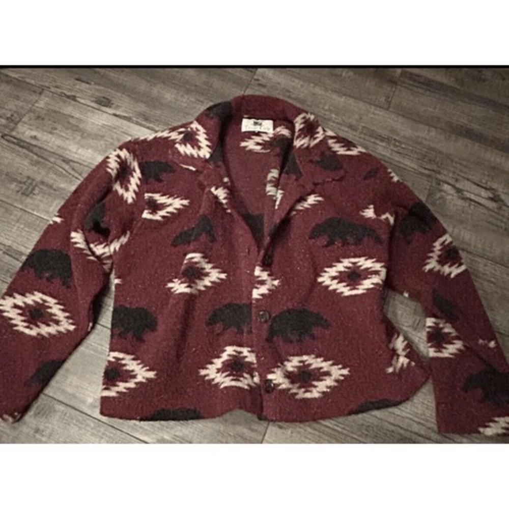 True Grit Button Up Sweater Womens Medium Southwest Wool Jacket USA Burgundy